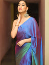 Banarasee Velvet Chiffon Sari With Swarovski Border & Contrast Sequins Work Blouse-Blue & Green