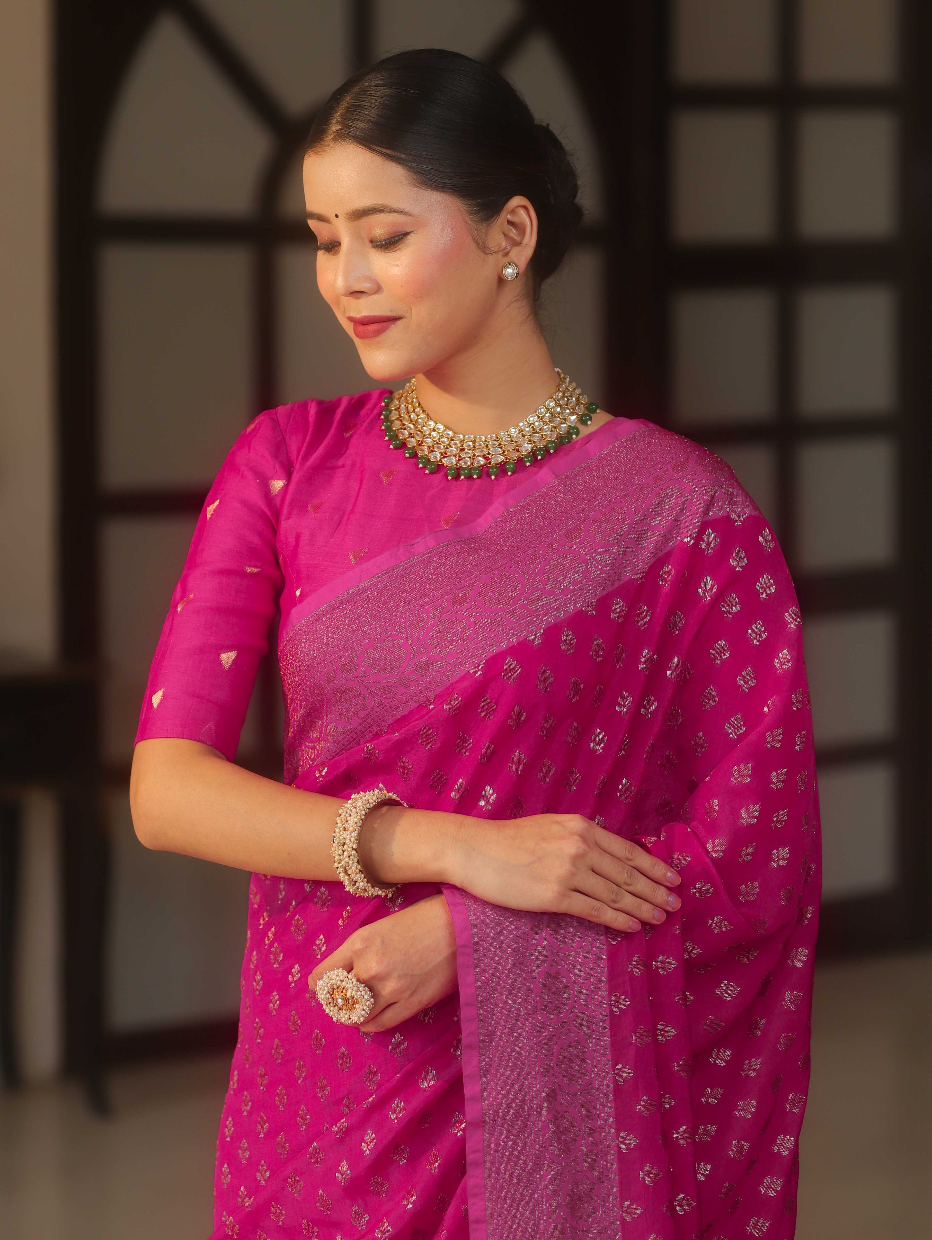 Banarasee Semi Chiffon Saree With Zari Buti & Border-Pink