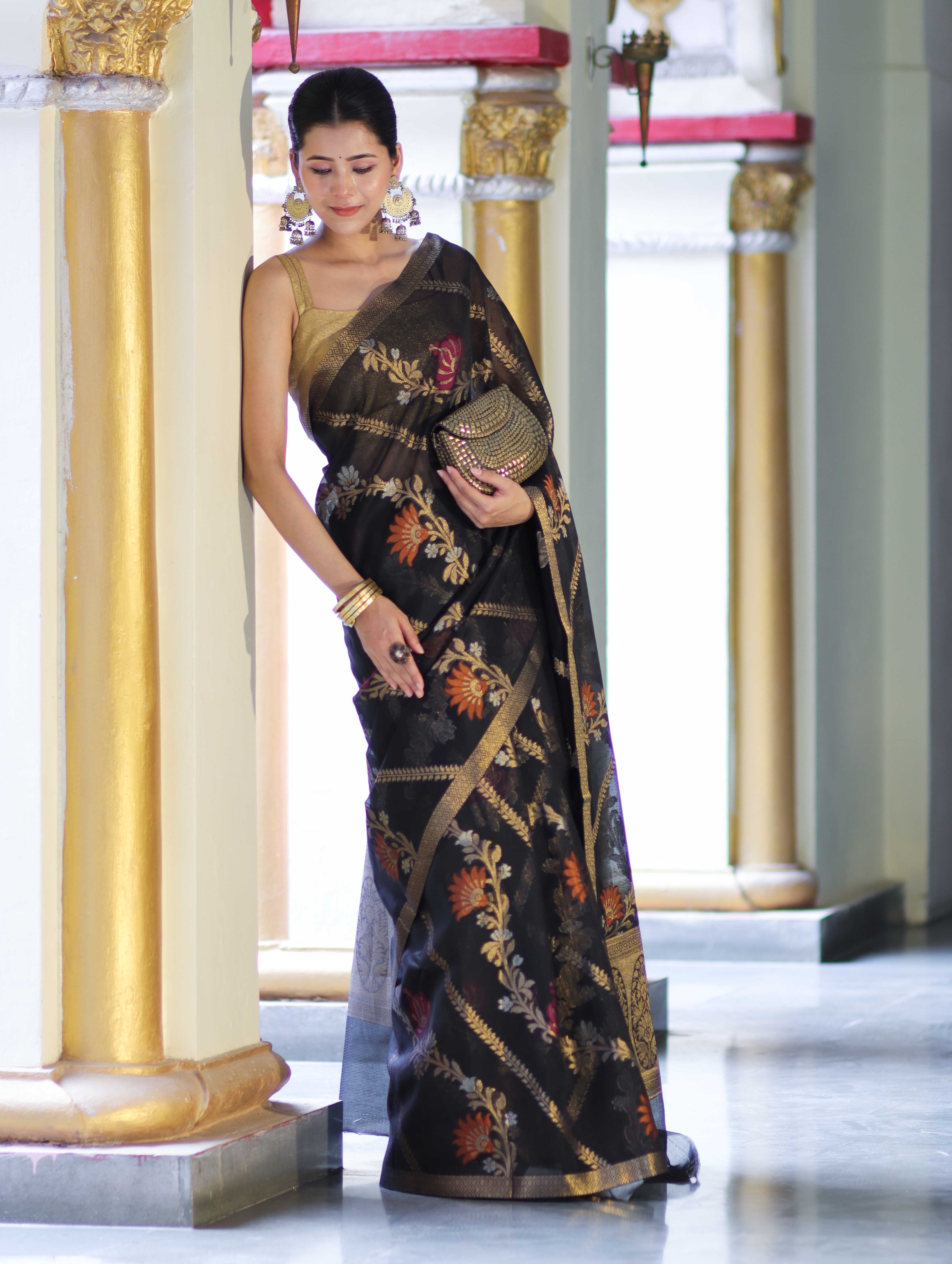Banarasee Handloom Cotton Silk Saree With Zari Meena Work-Black