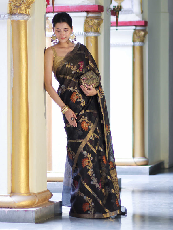 Banarasee Handloom Cotton Silk Saree With Zari Meena Work-Black