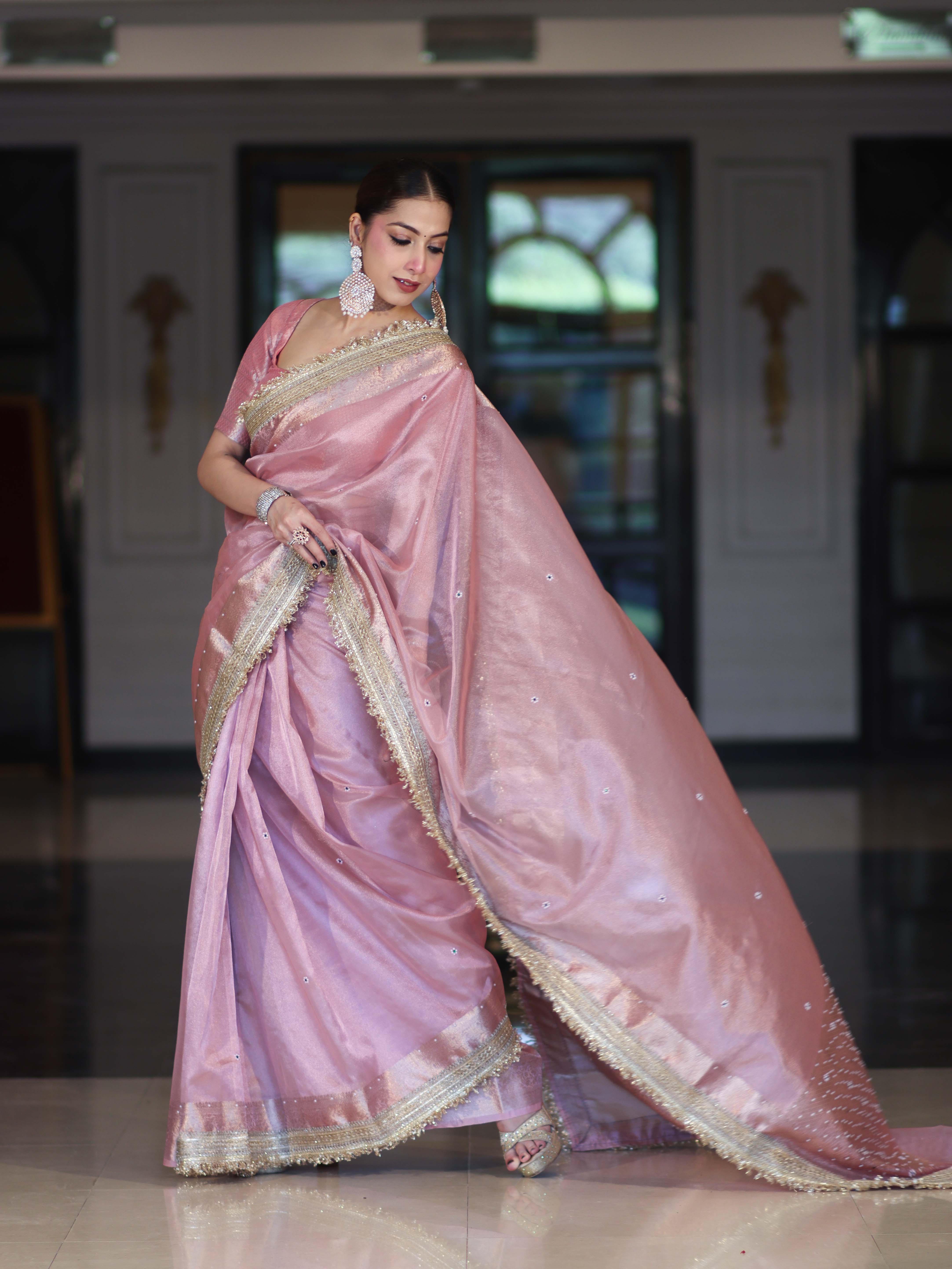 Banarasee Tissue Saree With Handwork Pearl Motifs Zari Border & Lace-Light Pink