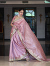 Banarasee Tissue Saree With Handwork Pearl Motifs Zari Border & Lace-Light Pink