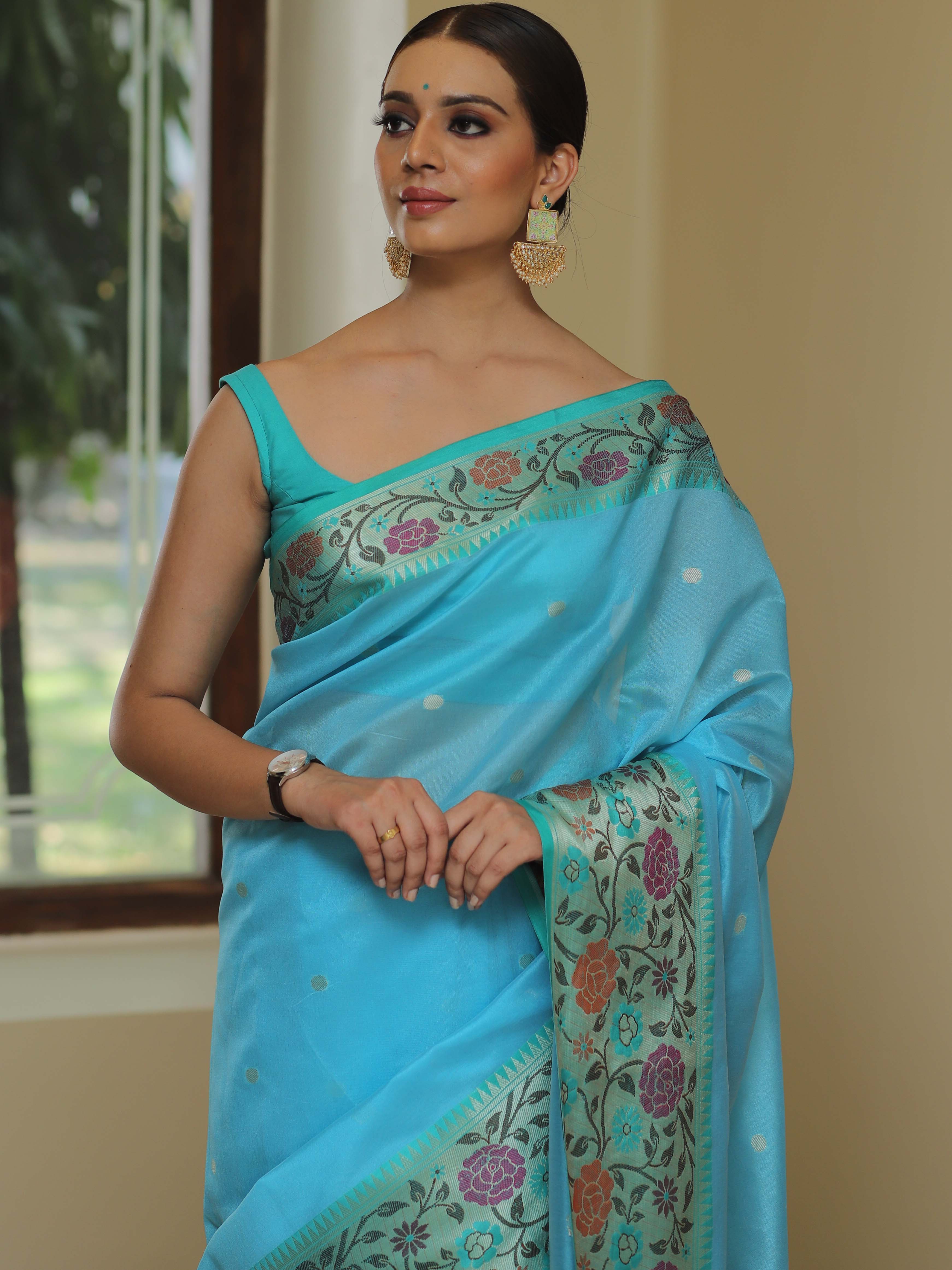 Banarasee Handwoven Semi Silk Saree With Zari Buta & Floral Border Design-Blue