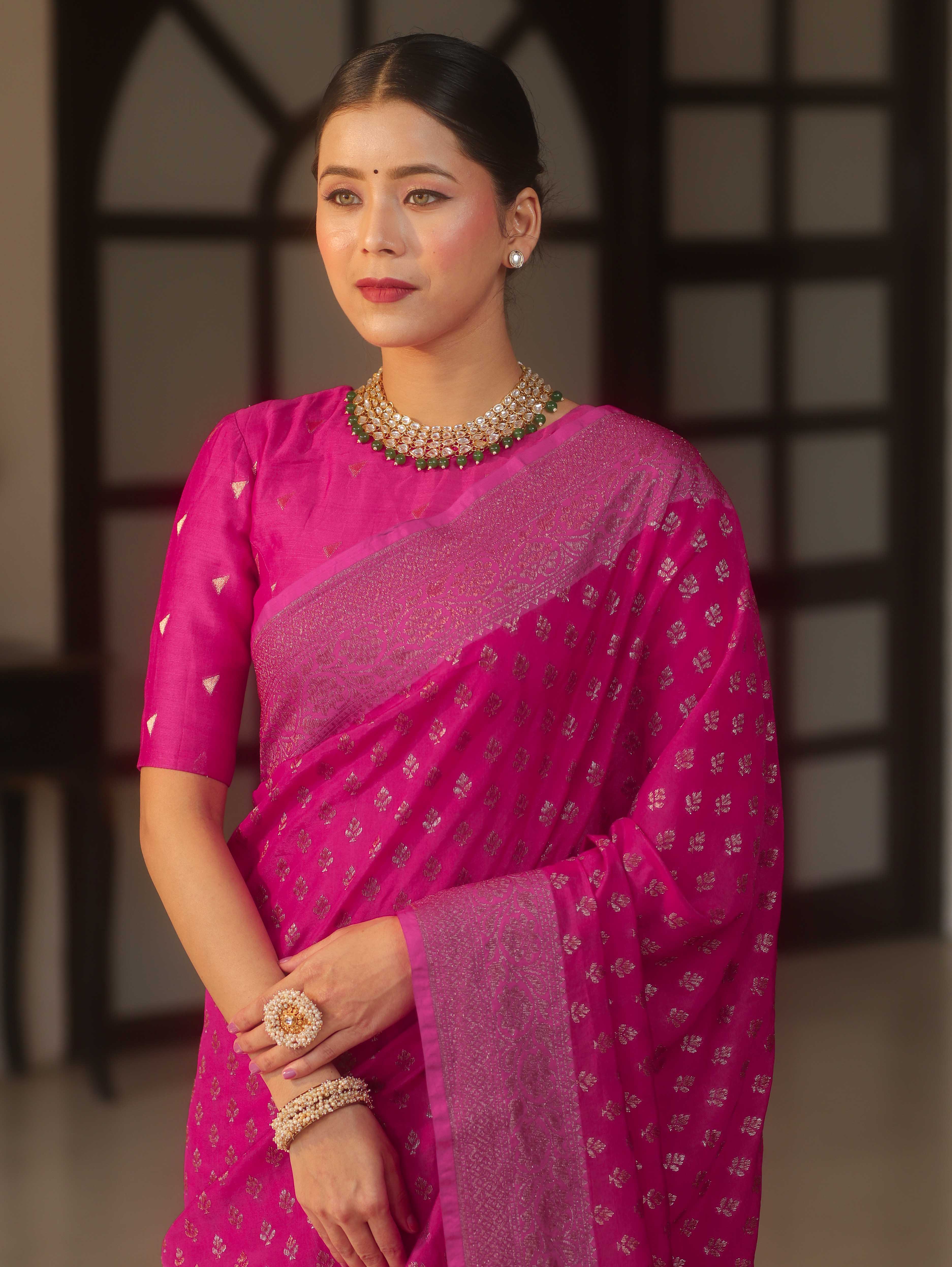 Banarasee Semi Chiffon Saree With Zari Buti & Border-Pink