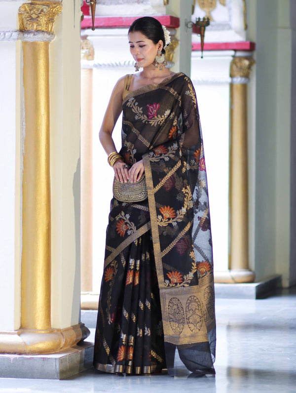 Banarasee Handloom Cotton Silk Saree With Zari Meena Work-Black