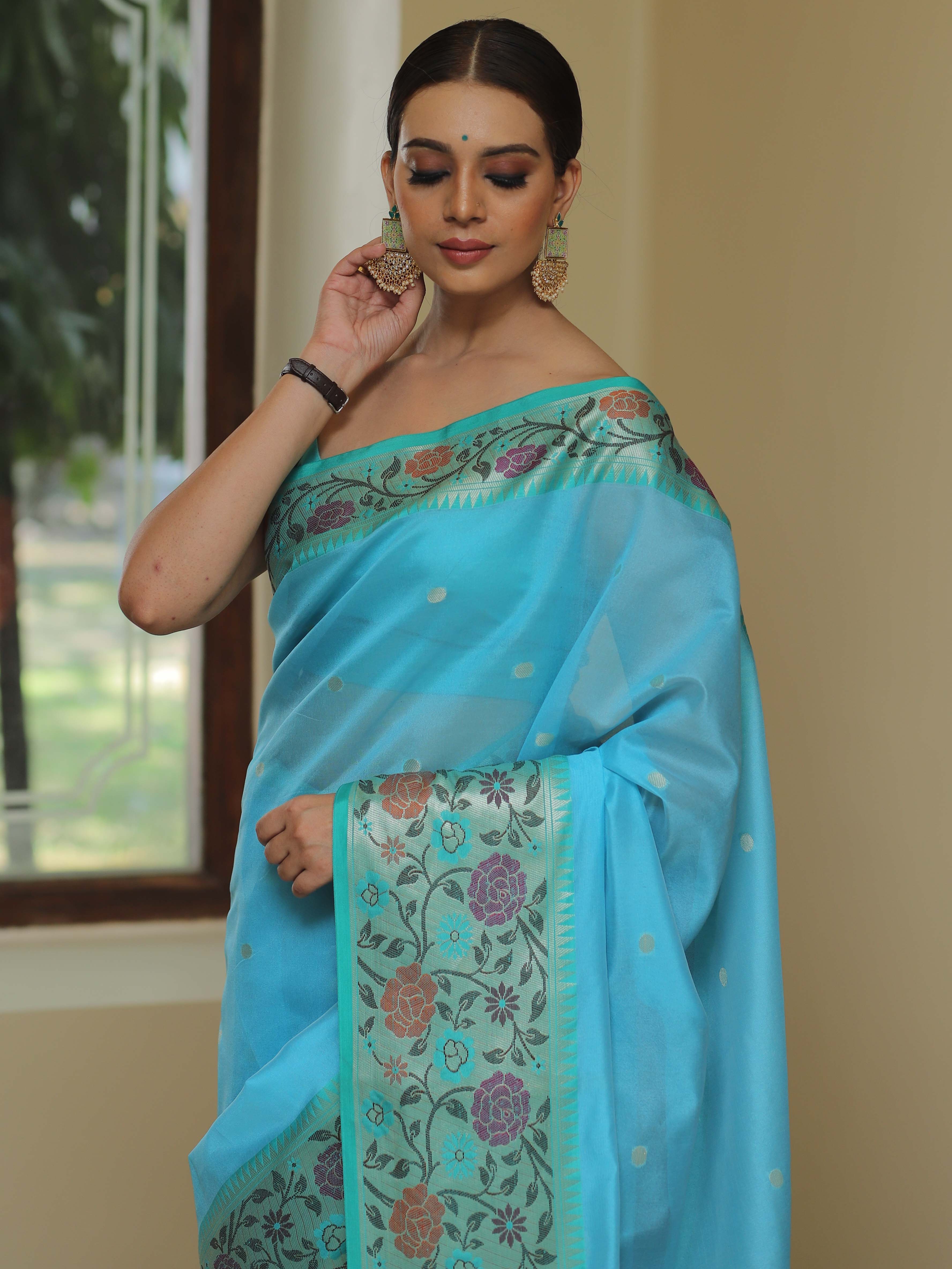 Banarasee Handwoven Semi Silk Saree With Zari Buta & Floral Border Design-Blue