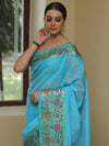 Banarasee Handwoven Semi Silk Saree With Zari Buta & Floral Border Design-Blue