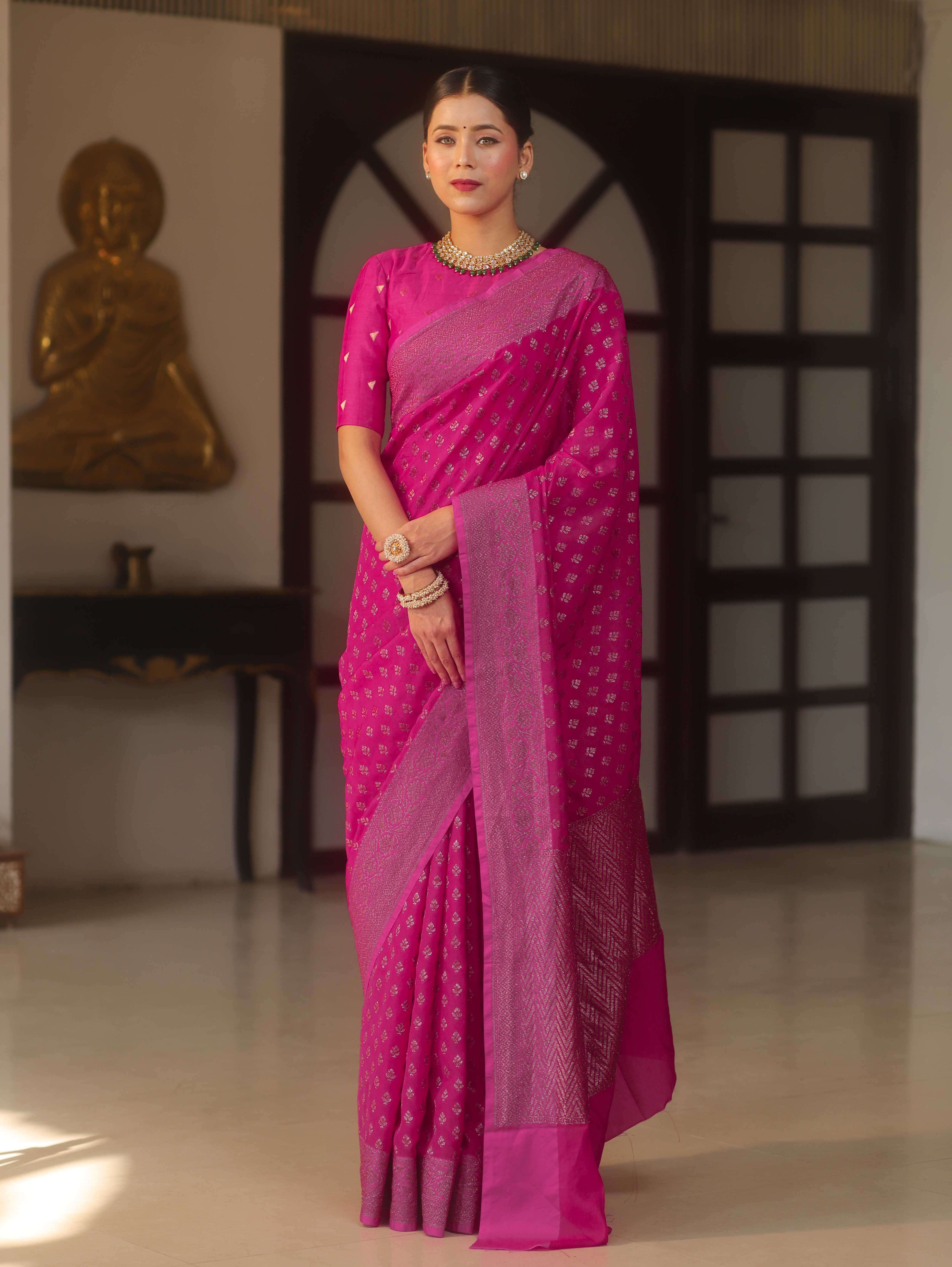 Banarasee Semi Chiffon Saree With Zari Buti & Border-Pink