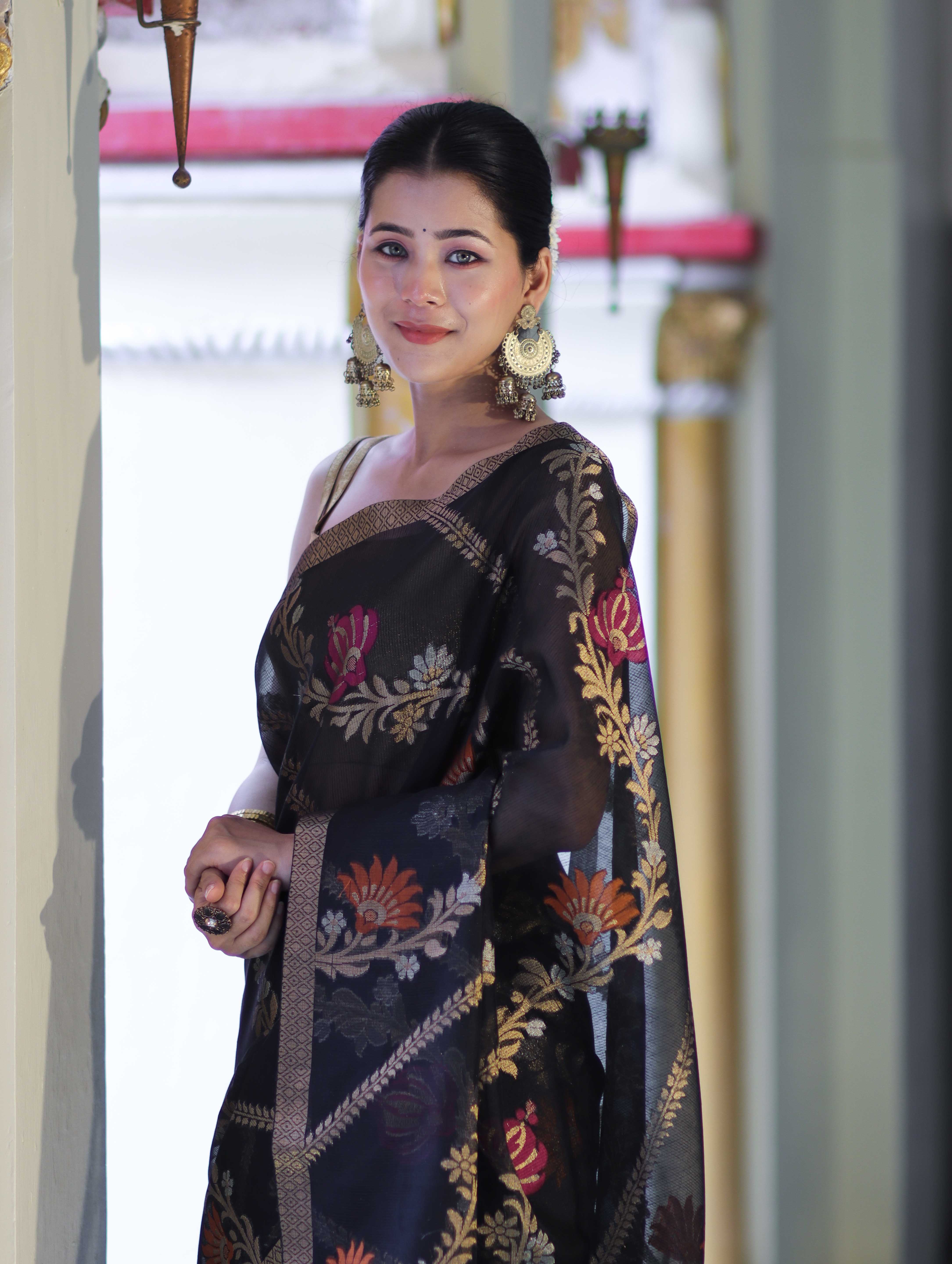 Banarasee Handloom Cotton Silk Saree With Zari Meena Work-Black