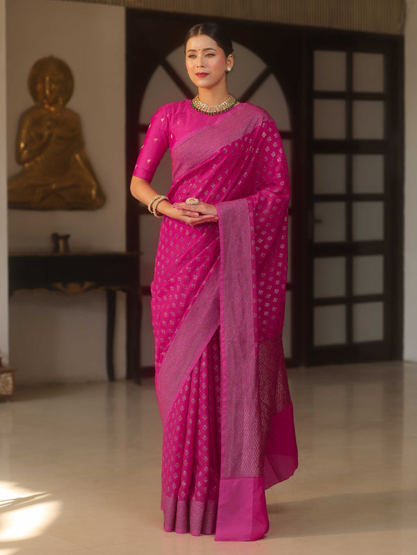 Banarasee Semi Chiffon Saree With Zari Buti & Border-Pink