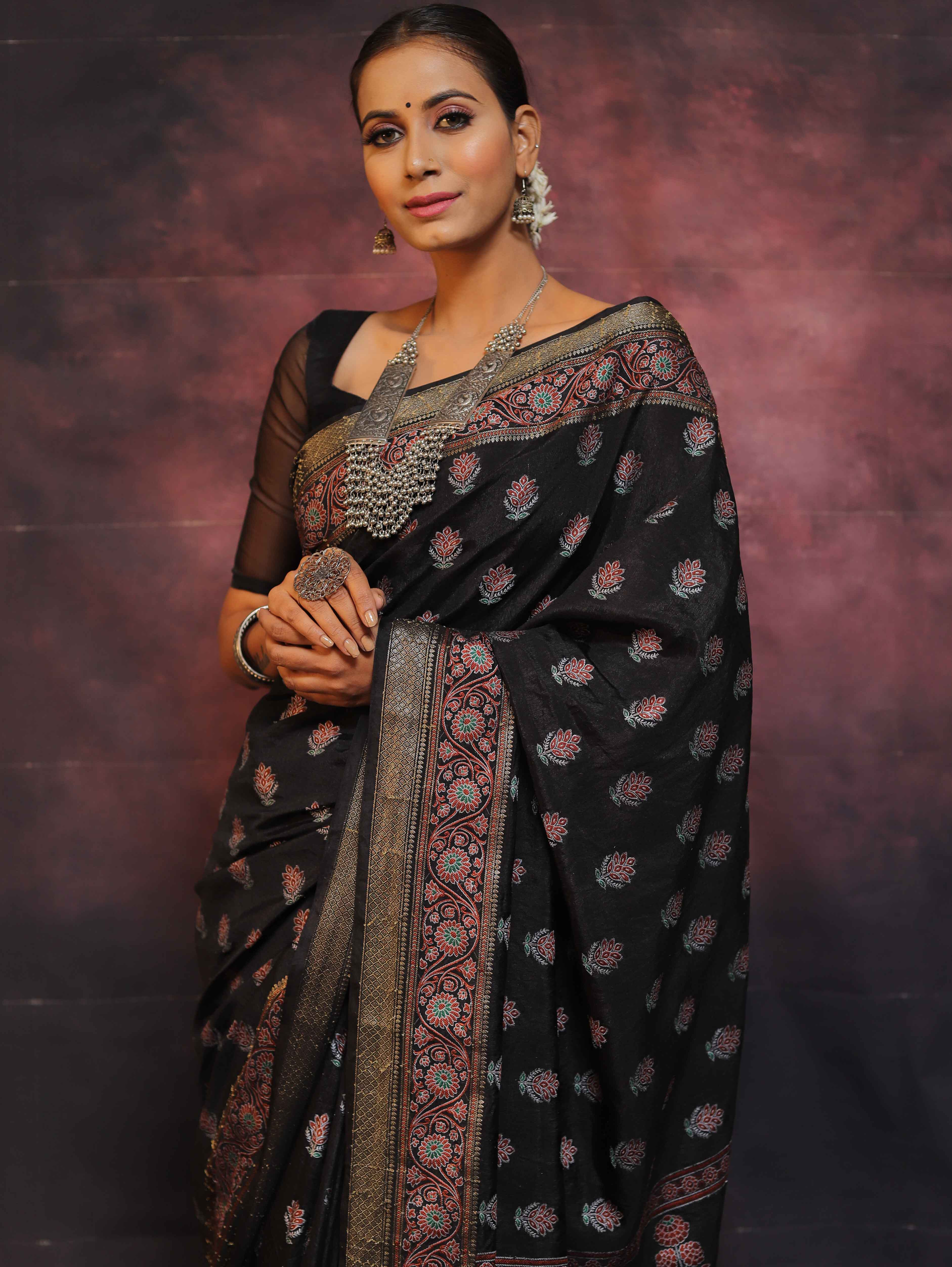 Banarasee Semi Silk Meena Work Saree-Black