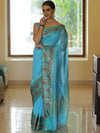 Banarasee Handwoven Semi Silk Saree With Zari Buta & Floral Border Design-Blue