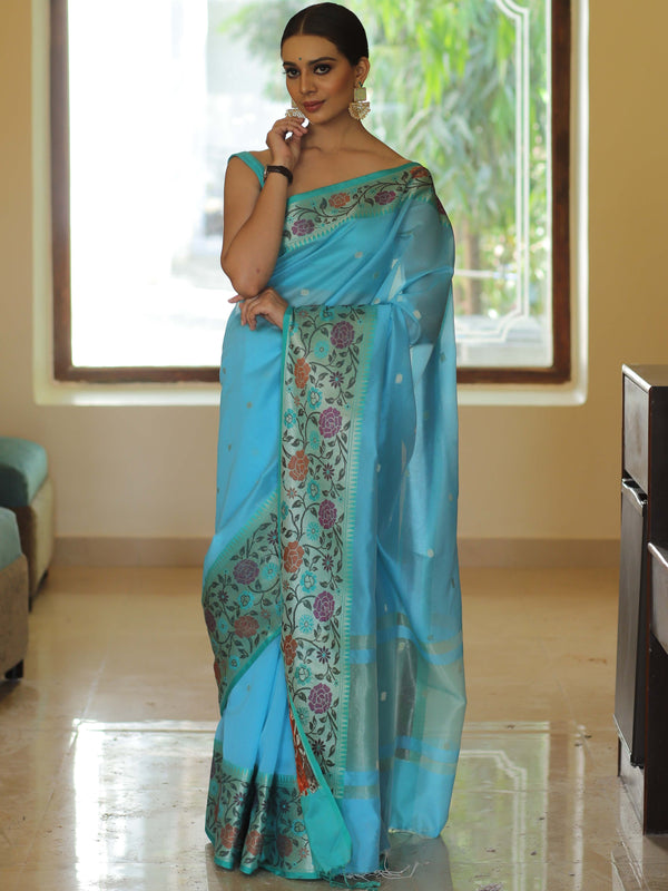 Banarasee Handwoven Semi Silk Saree With Zari Buta & Floral Border Design-Blue
