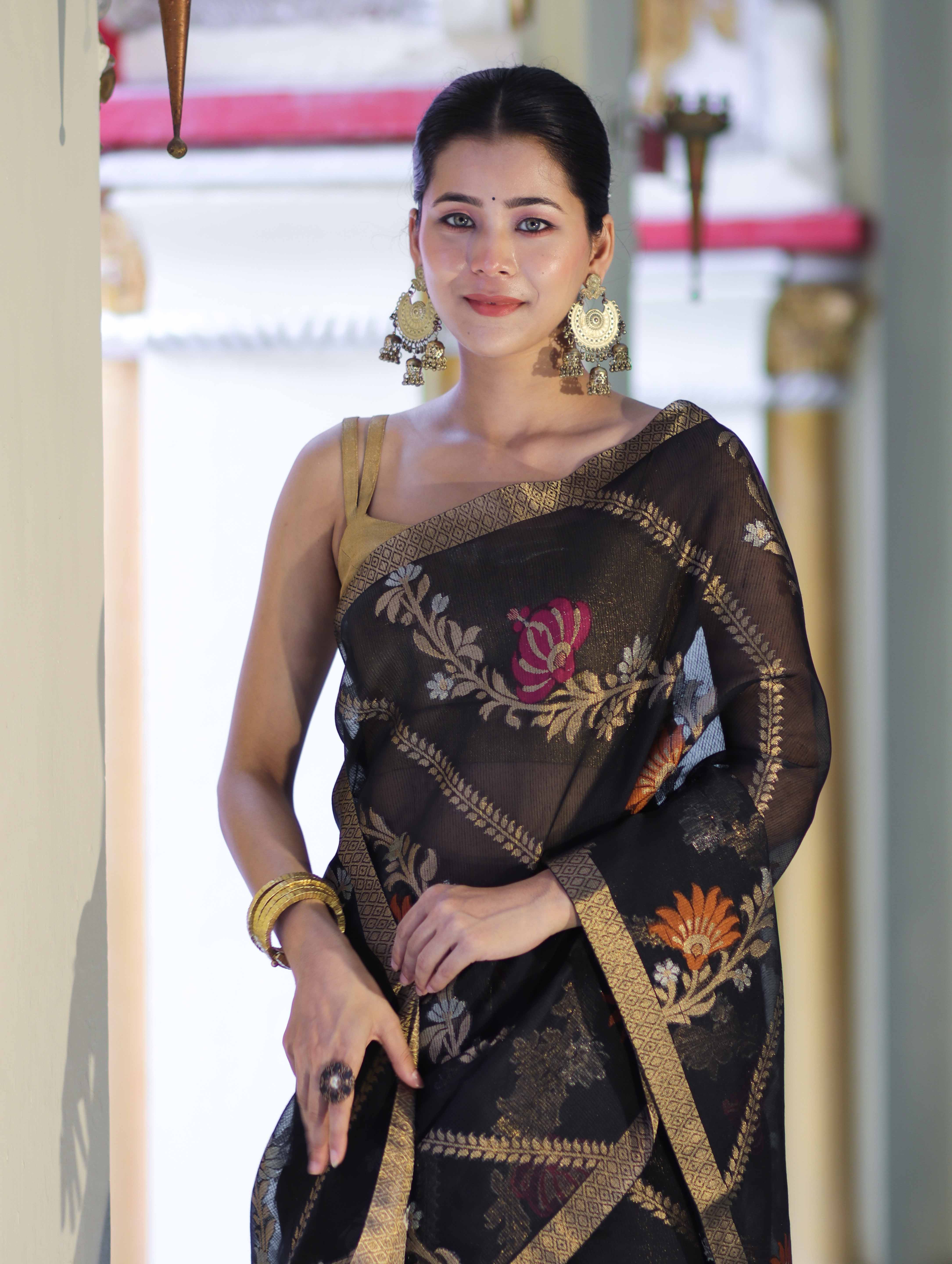 Banarasee Handloom Cotton Silk Saree With Zari Meena Work-Black