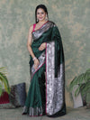 Banarasee Handloom Semi Silk Plain Saree With Silver Zari Floral Border-Deep Green