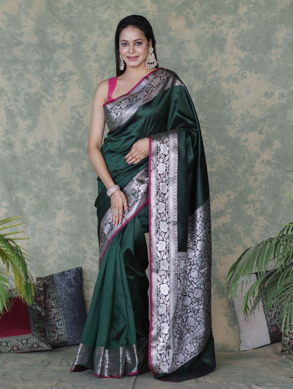 Banarasee Handloom Semi Silk Plain Saree With Silver Zari Floral Border-Deep Green