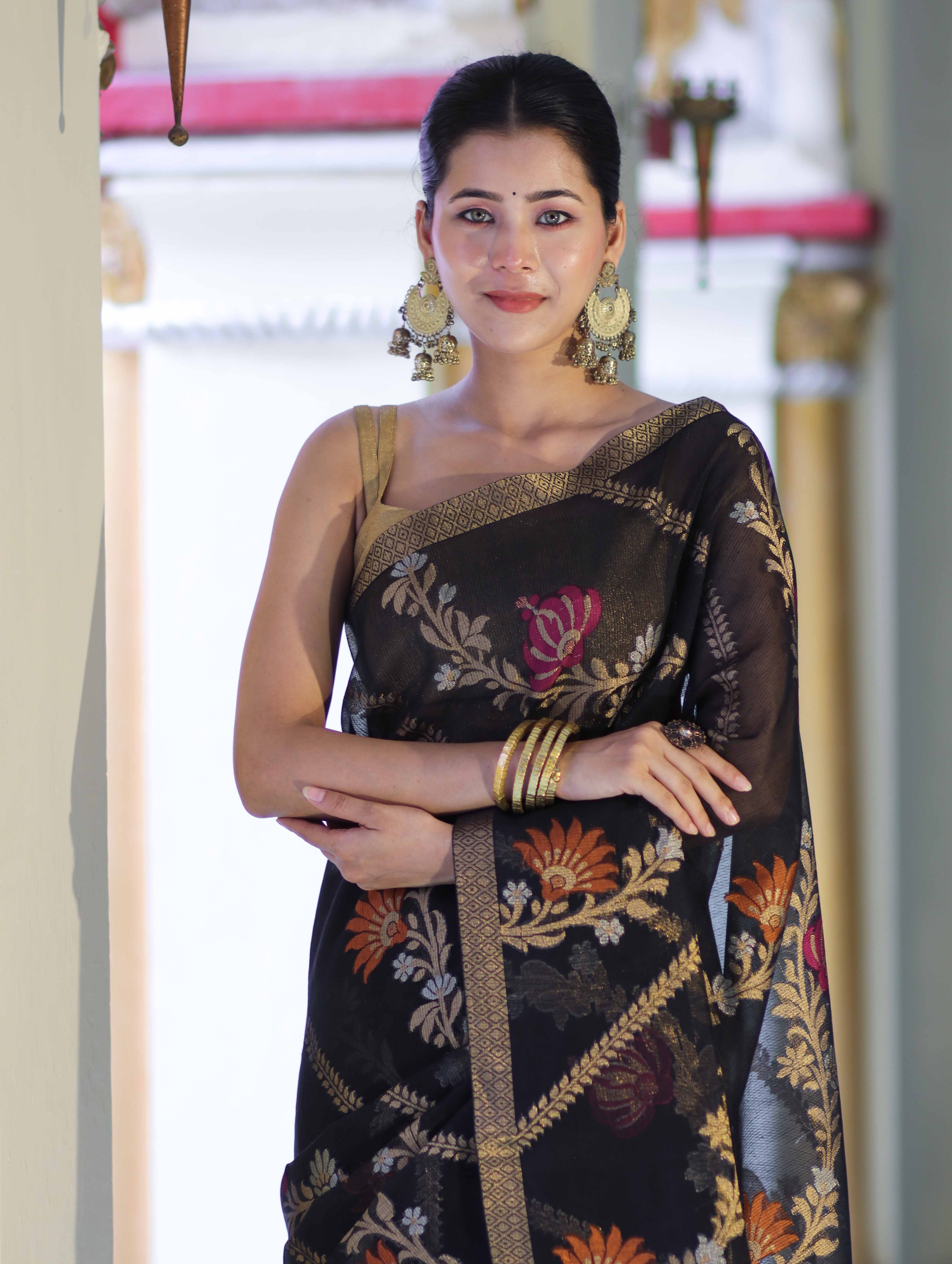 Banarasee Handloom Cotton Silk Saree With Zari Meena Work-Black