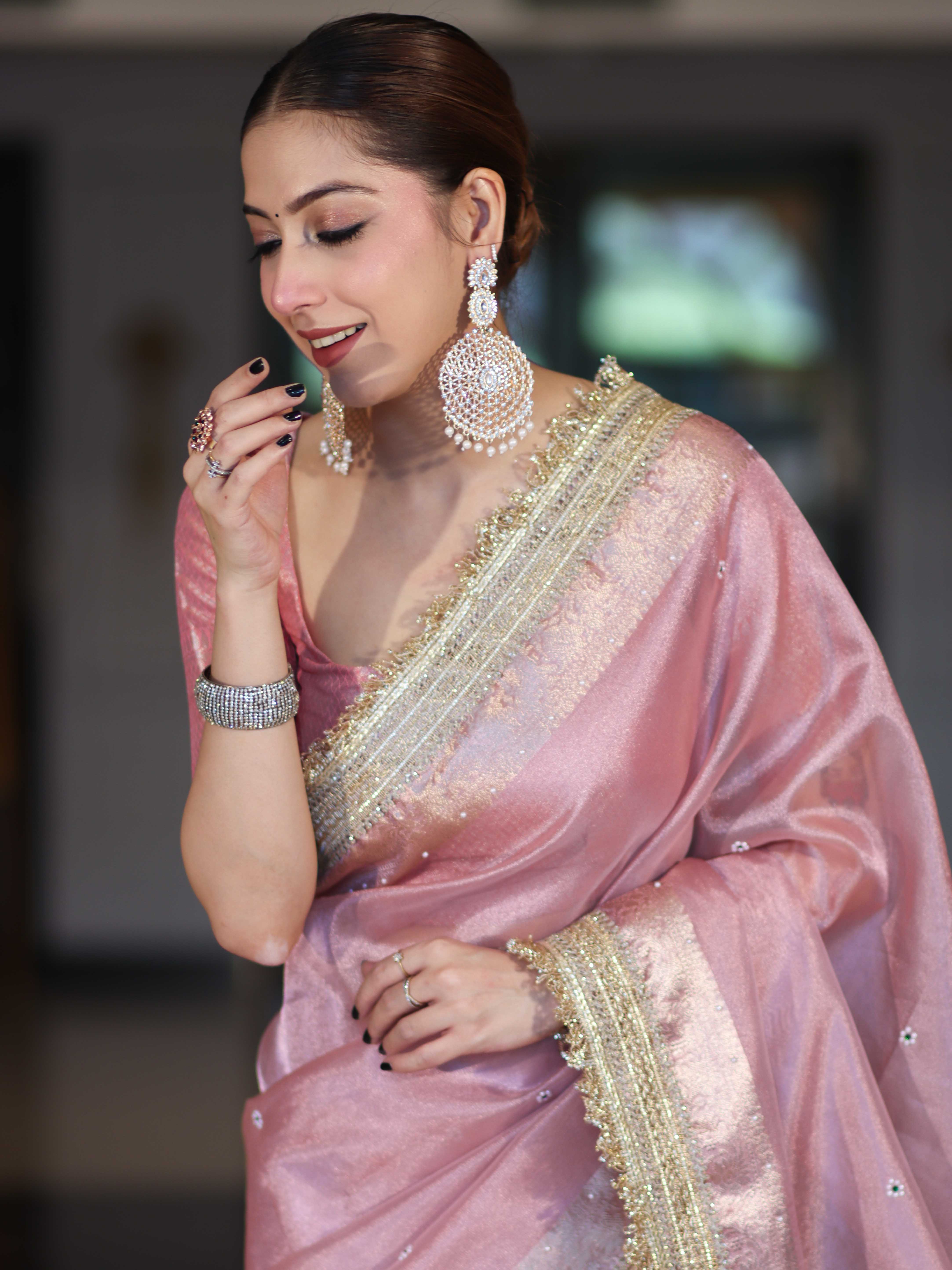 Banarasee Tissue Saree With Handwork Pearl Motifs Zari Border & Lace-Light Pink