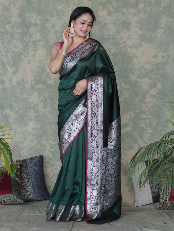 Banarasee Handloom Semi Silk Plain Saree With Silver Zari Floral Border-Deep Green