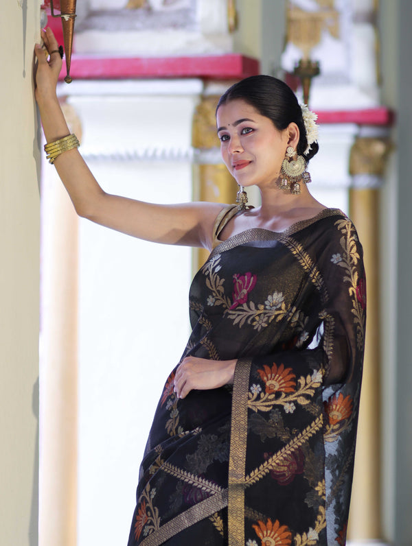 Banarasee Handloom Cotton Silk Saree With Zari Meena Work-Black