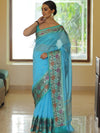Banarasee Handwoven Semi Silk Saree With Zari Buta & Floral Border Design-Blue