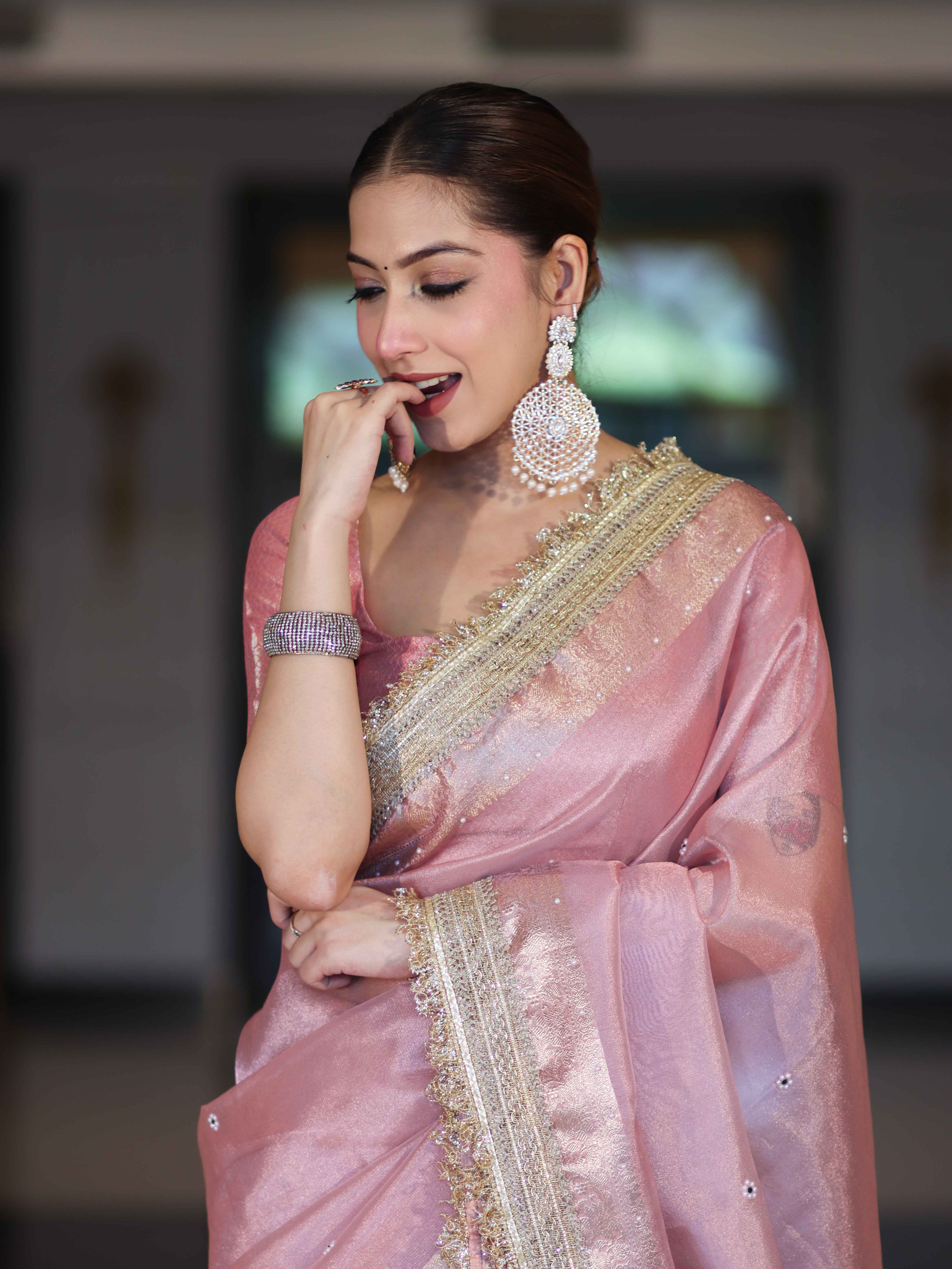 Banarasee Tissue Saree With Handwork Pearl Motifs Zari Border & Lace-Light Pink