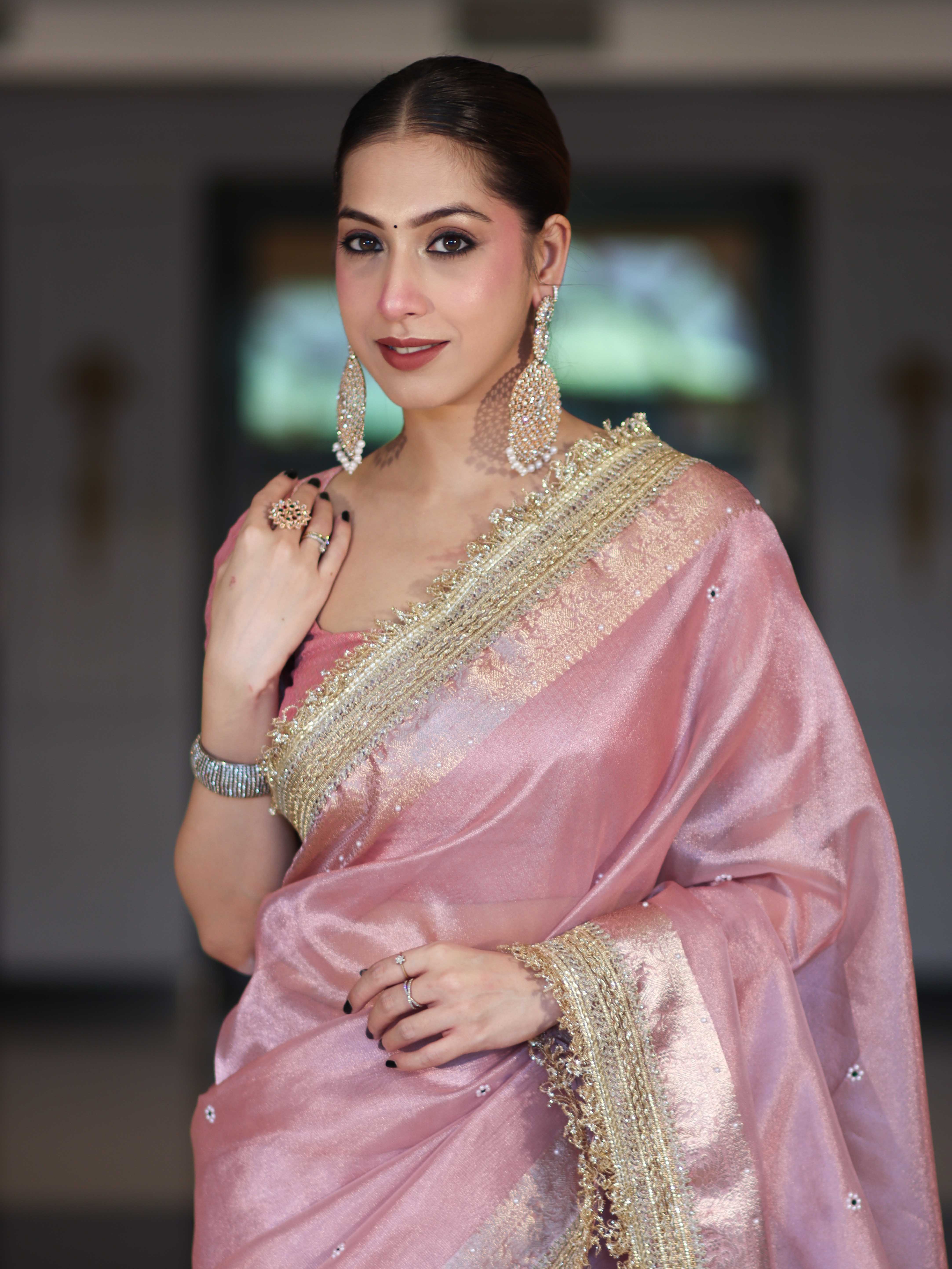 Banarasee Tissue Saree With Handwork Pearl Motifs Zari Border & Lace-Light Pink