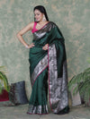 Banarasee Handloom Semi Silk Plain Saree With Silver Zari Floral Border-Deep Green