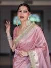 Banarasee Tissue Saree With Handwork Pearl Motifs Zari Border & Lace-Light Pink