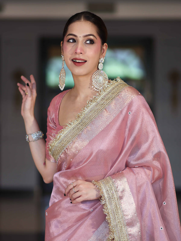 Banarasee Tissue Saree With Handwork Pearl Motifs Zari Border & Lace-Light Pink