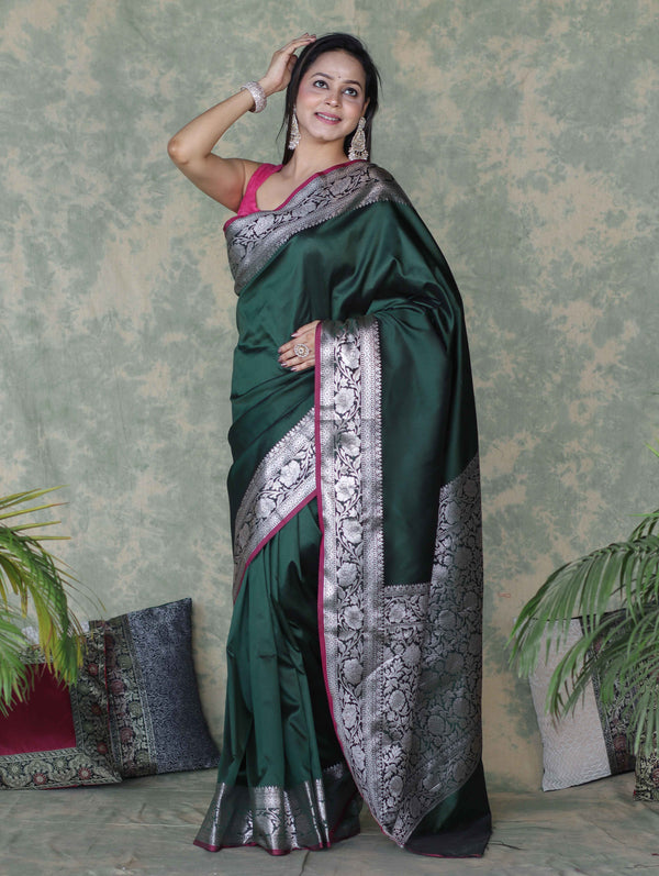 Banarasee Handloom Semi Silk Plain Saree With Silver Zari Floral Border-Deep Green