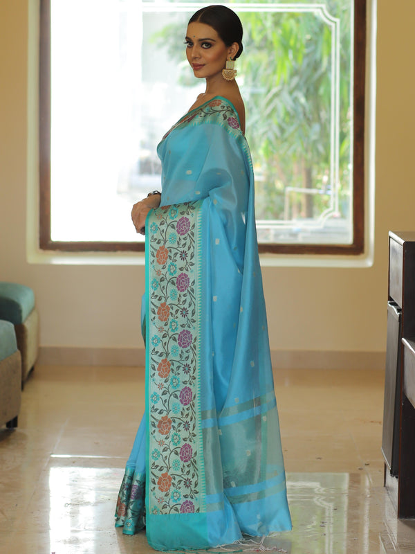 Banarasee Handwoven Semi Silk Saree With Zari Buta & Floral Border Design-Blue