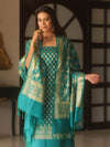 Banarasee Zari Work Semi Katan Salwar Kameez Fabric With Dupatta-Rama Green