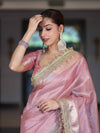 Banarasee Tissue Saree With Handwork Pearl Motifs Zari Border & Lace-Light Pink
