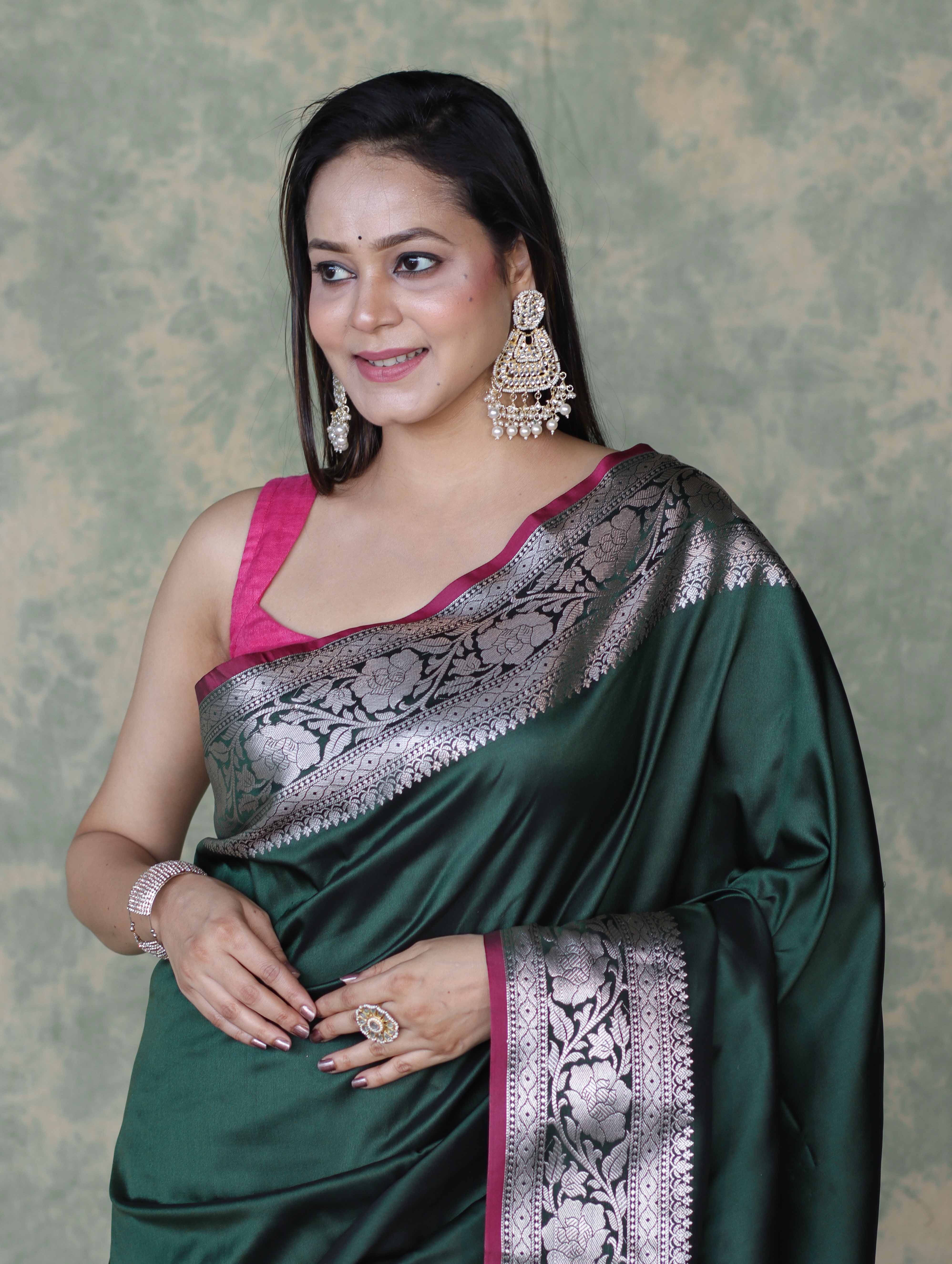 Banarasee Handloom Semi Silk Plain Saree With Silver Zari Floral Border-Deep Green