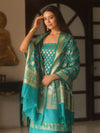 Banarasee Zari Work Semi Katan Salwar Kameez Fabric With Dupatta-Rama Green