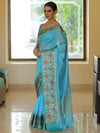 Banarasee Handwoven Semi Silk Saree With Zari Buta & Floral Border Design-Blue