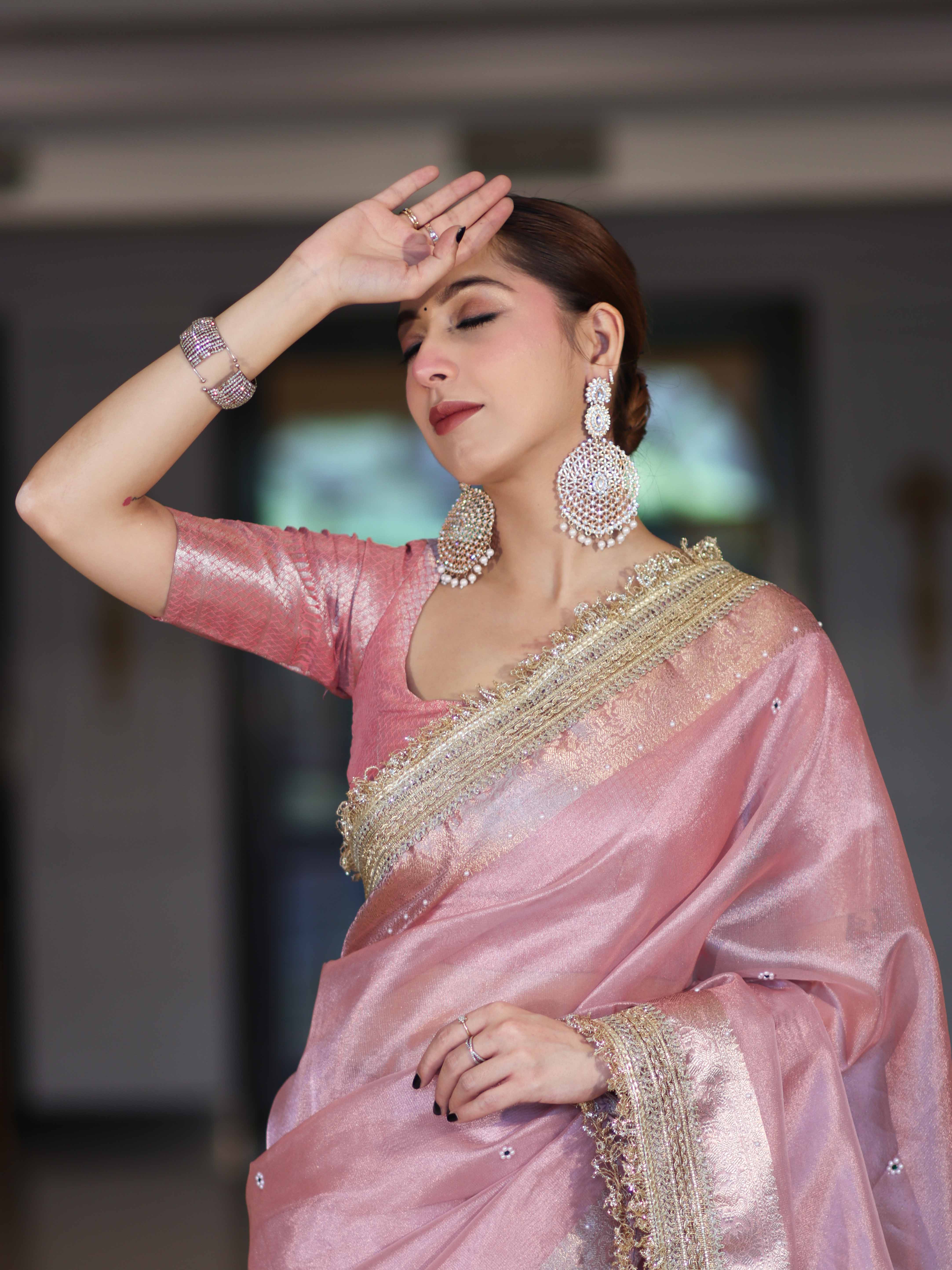 Banarasee Tissue Saree With Handwork Pearl Motifs Zari Border & Lace-Light Pink