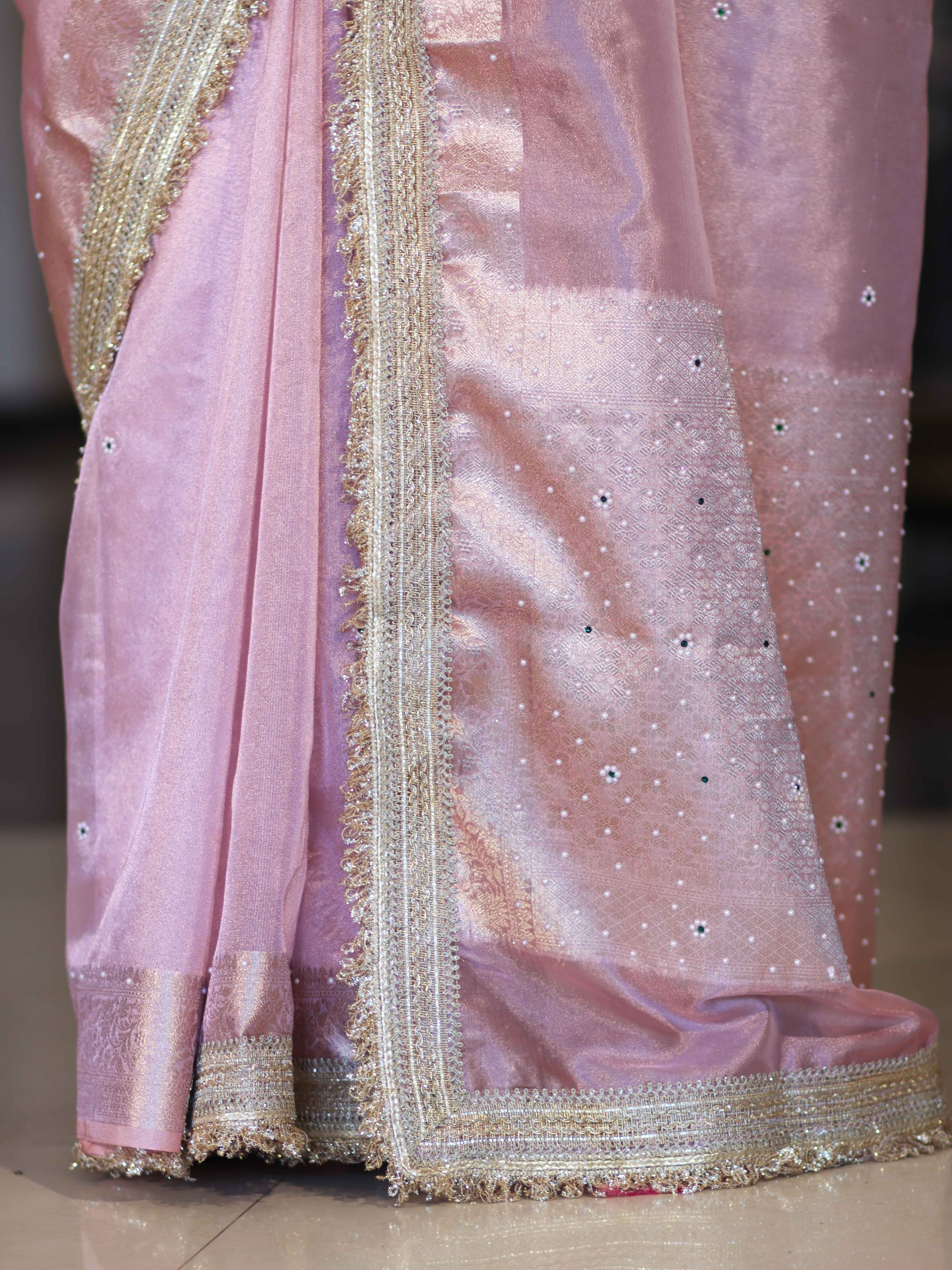 Banarasee Tissue Saree With Handwork Pearl Motifs Zari Border & Lace-Light Pink