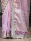 Banarasee Tissue Saree With Handwork Pearl Motifs Zari Border & Lace-Light Pink