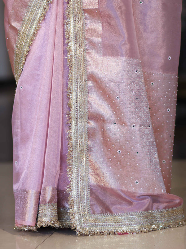 Banarasee Tissue Saree With Handwork Pearl Motifs Zari Border & Lace-Light Pink