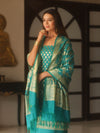 Banarasee Zari Work Semi Katan Salwar Kameez Fabric With Dupatta-Rama Green