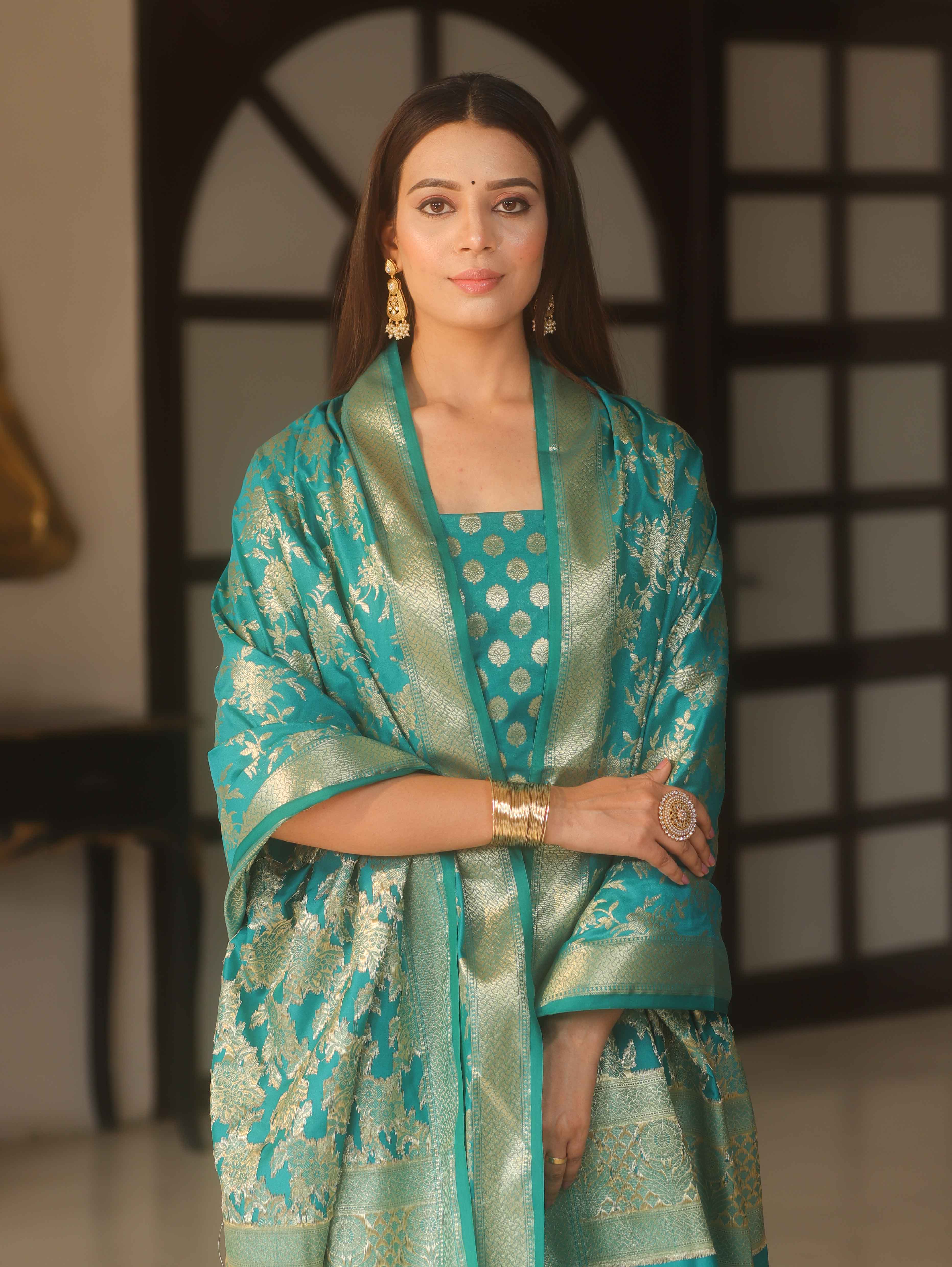 Banarasee Zari Work Semi Katan Salwar Kameez Fabric With Dupatta-Rama Green