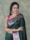 Banarasee Handloom Semi Silk Plain Saree With Silver Zari Floral Border-Deep Green