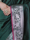 Banarasee Handloom Semi Silk Plain Saree With Silver Zari Floral Border-Deep Green
