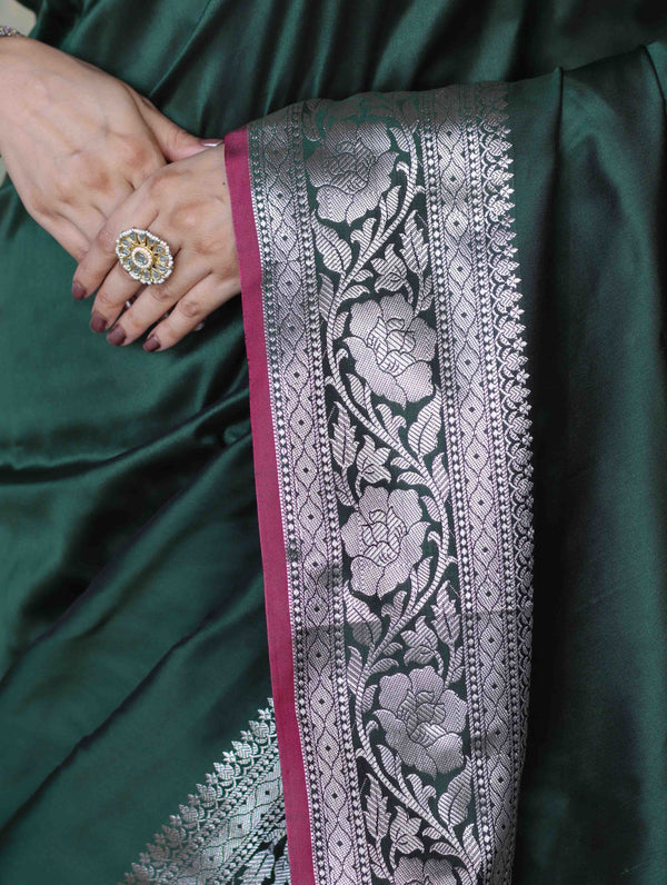 Banarasee Handloom Semi Silk Plain Saree With Silver Zari Floral Border-Deep Green