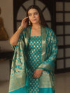 Banarasee Zari Work Semi Katan Salwar Kameez Fabric With Dupatta-Rama Green