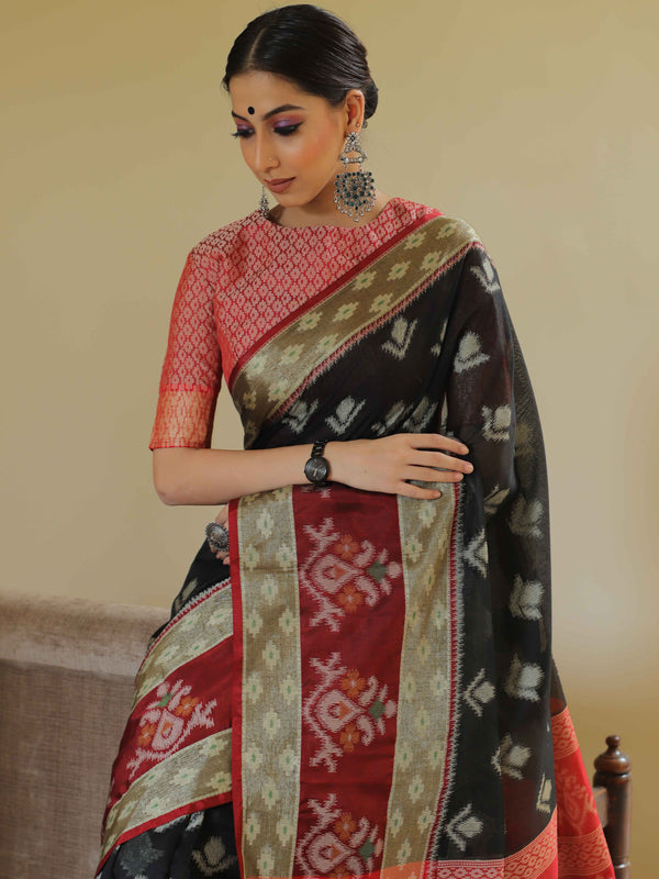 Banarasee Cotton Silk Floral Buta Ikkat Weaving Saree-Black