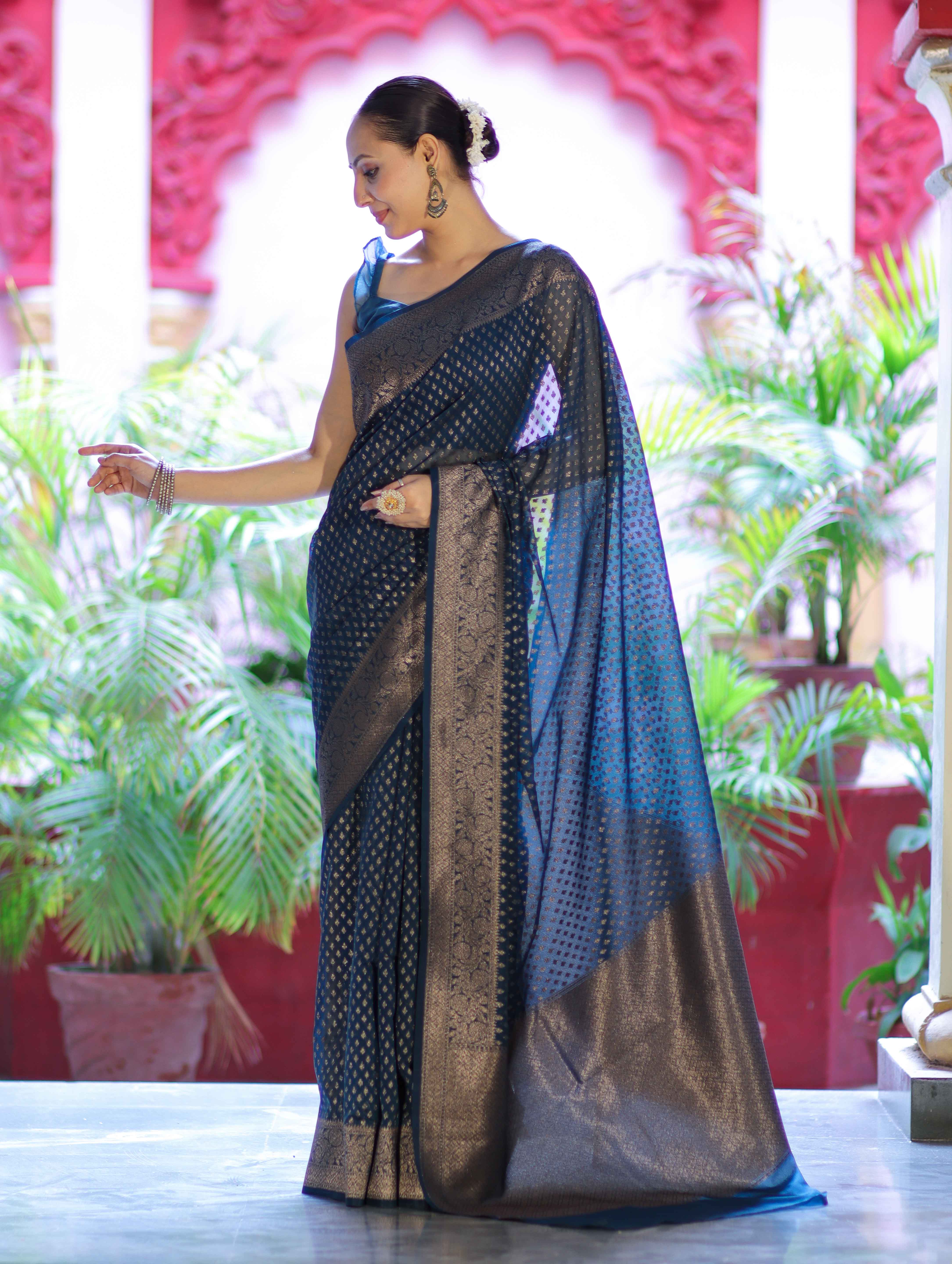 Banarasee Semi-Chiffon Saree With Antique Gold Zari Work-Teal Blue