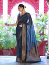 Banarasee Semi-Chiffon Saree With Antique Gold Zari Work-Teal Blue